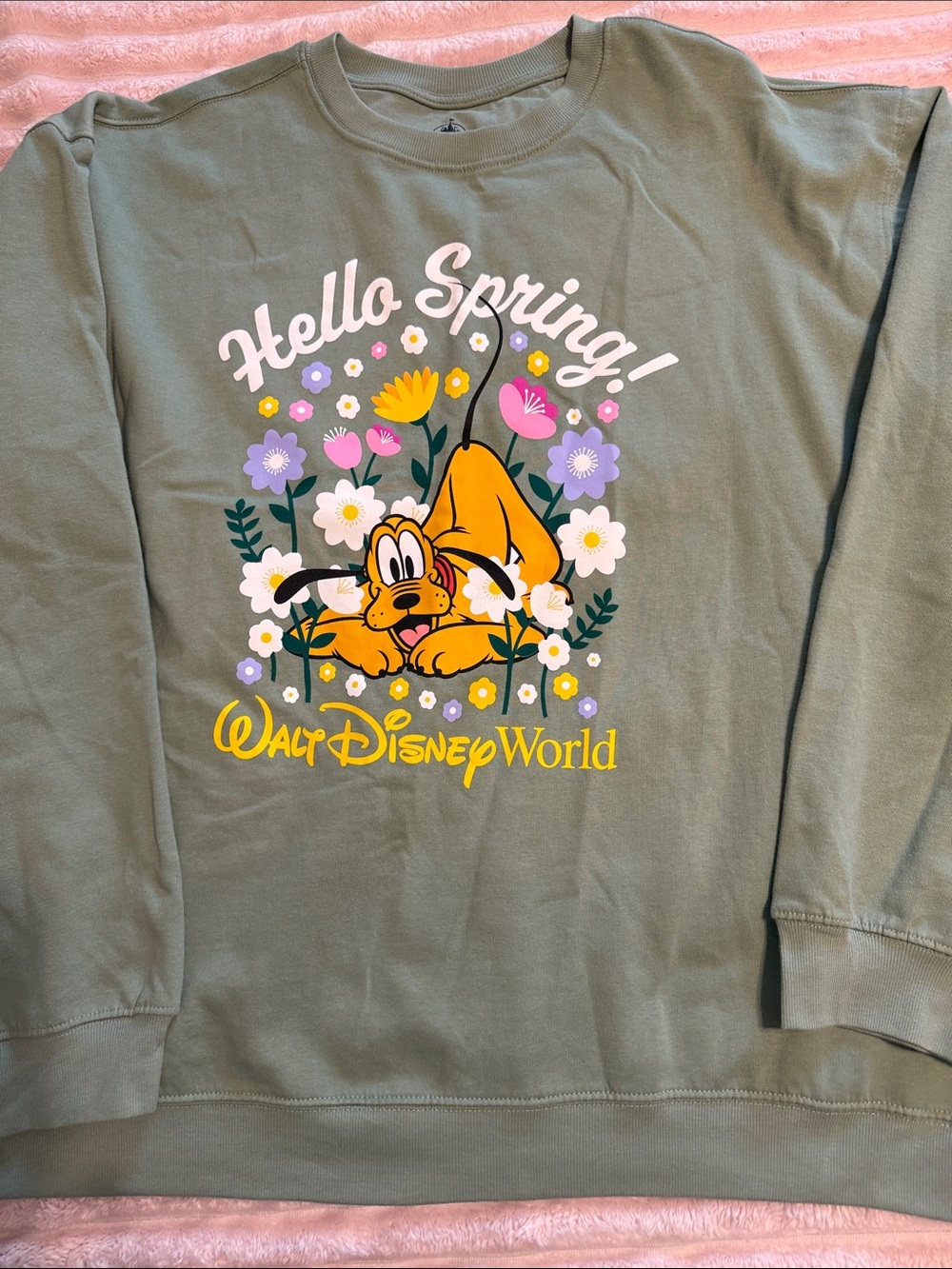 Disney Olive Green Pluto "Hello Spring" Crewneck Sweatshirt